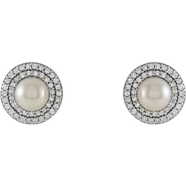 Halo-style Pearl Diamond Earrings in 14k White Gold