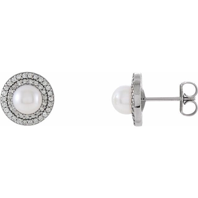 Halo-style Pearl Diamond Earrings in 14k White Gold