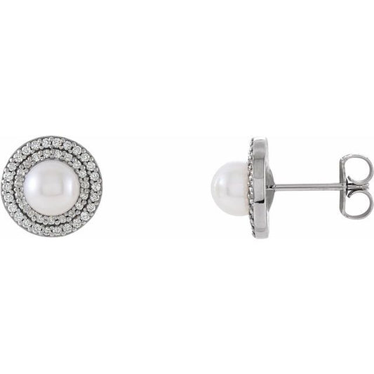 Halo-style Pearl Diamond Earrings in 14k White Gold