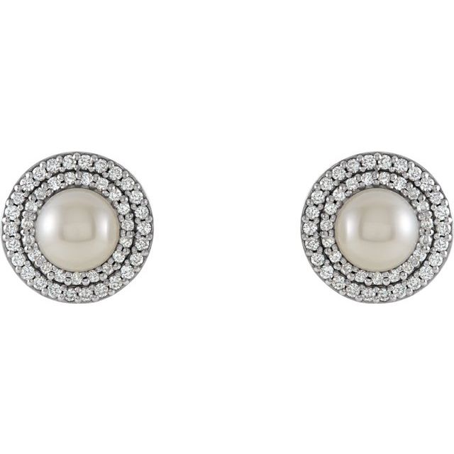 Halo-style Pearl Diamond Earrings in 14k White Gold