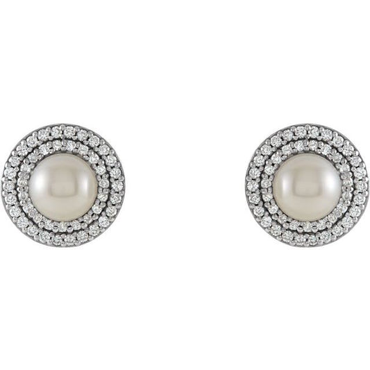 Halo-style Pearl Diamond Earrings in 14k White Gold