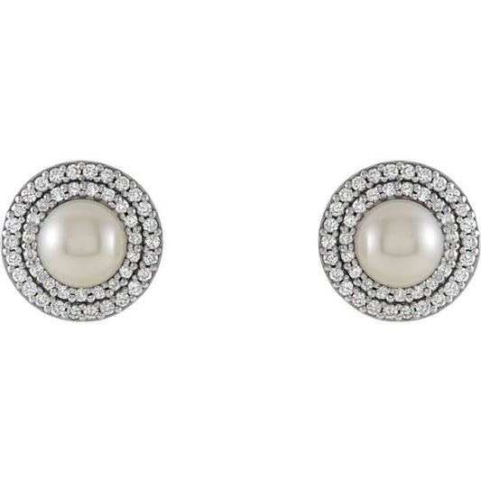 Halo-style Pearl Diamond Earrings in 14k White Gold